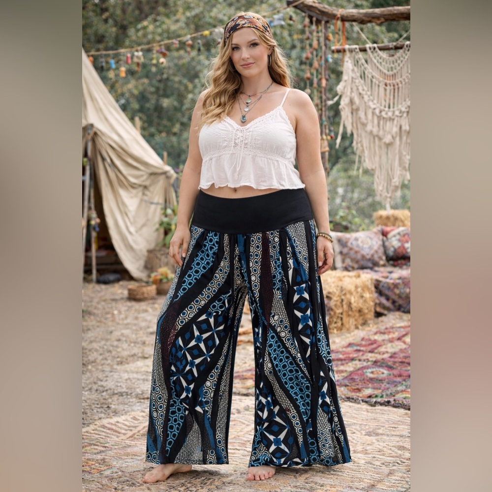3/$20💥Women With Control Wide Leg Pants Pull On Fold Over Stretch Festival Boho